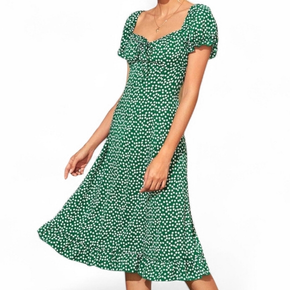 Women's XS Green Dress White Flowers Short-sleeve, Mid-Length, Unbranded - Picture 7 of 7